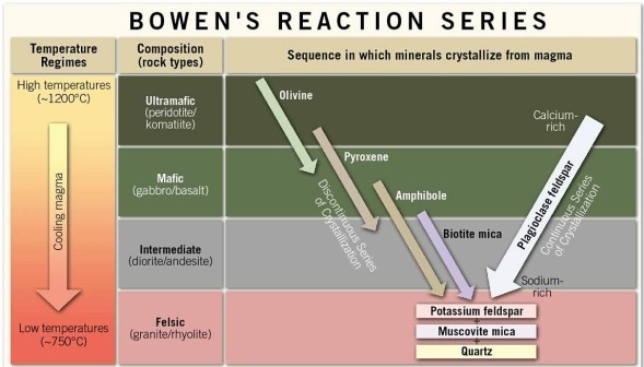 <strong>  Consult the image that depicts Bowen's reaction series. What can be said of the temperature at which a granite crystallizes?</strong> A)Granite crystallizes at temperatures of about 750° C. B)Granite crystallizes at temperatures of about 900° C. C)Granite crystallizes at temperatures of about 1200° C. D)Nothing can be deduced from this chart about the crystallization temperature of any igneous rock. <div style=padding-top: 35px> 