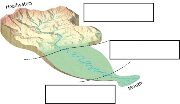 Label each of the three zones (as defined by the dominant activity there)of the river shown in the figure.