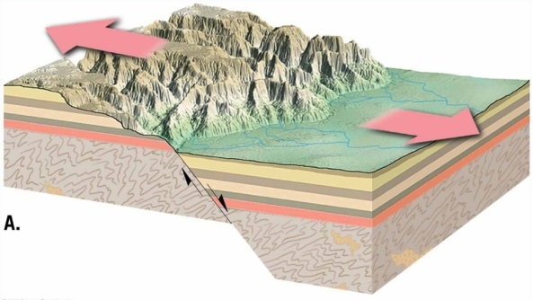 <strong>  What kind of fault is illustrated in this figure?</strong> A)normal fault B)reverse fault C)thrust fault D)strike-slip fault <div style=padding-top: 35px> 