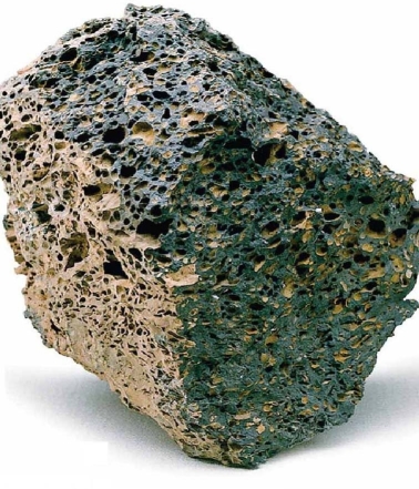 <strong> What caused the many small holes that are seen in this sample of scoria?</strong> A)impacts by volcanic bombs B)dissolving away of minerals C)degassing of volatiles D)raindrops