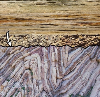 <strong> The white arrow in this cross-section points to an unconformity (black line). What kind of unconformity is it?</strong> A)disconformity B)angular unconformity C)nonconformity D)dike