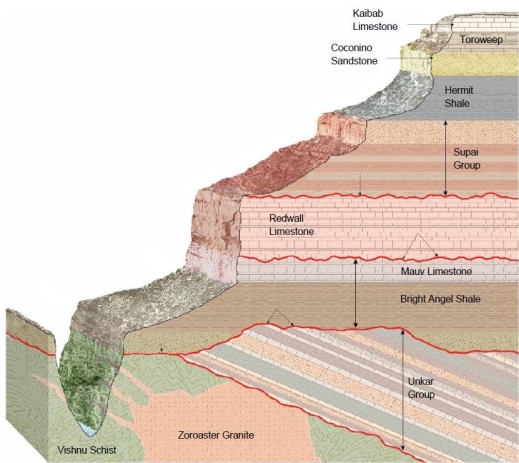 Identify and label the three types of unconformities shown in this cross-section of the Grand Canyon.