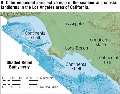   The map shows the bathymetry of the ocean floor off the coast of Los Angeles, California. Note the prominent submarine canyon on the continental shelf and slope. How was this feature likely generated?<div style=padding-top: 35px> 