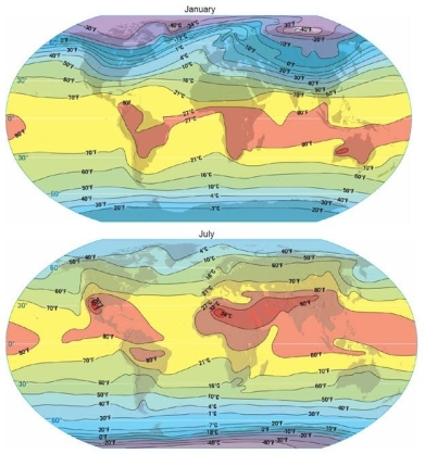   Compare and contrast the two maps showing the global distribution of temperatures in January and July. Explain the differences as fully as possible.<div style=padding-top: 35px> 