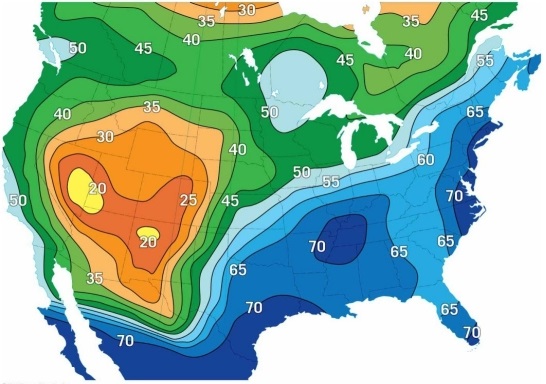 <strong> Examine the map. It shows dew-point temperatures on a typical September day. Where in the 48 contiguous United States would a psychrometer have the largest discrepancy between the dry bulb thermometer and the wet bulb thermometer?</strong> A)southern Florida B)western Oregon C)northern Maine D)southeastern Utah