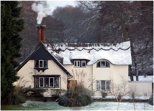 Examine the photo. Explain how the relative humidity inside the house compares to the relative humidity outside the house on this particular day.