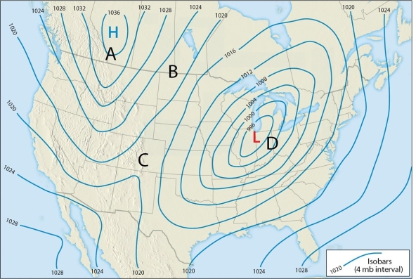 <strong> Which of the four lettered locations on the map would have the highest pressure gradient (and thus, the highest potential for winds)?</strong> A)A B)B C)C D)D