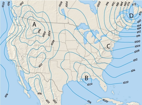 <strong> Examine the map showing air pressure in millibars. Which of the four lettered locations deserves a wind hazard alert?</strong> A)A B)B C)C D)D