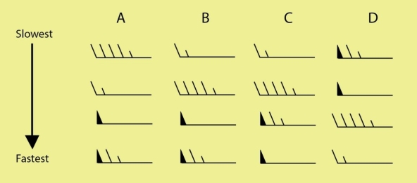 <strong> Examine the figure. Which of the four lettered columns shows the correct order of slowest wind symbols (top)to fastest wind symbols (bottom)?</strong> A)A B)B C)C D)D