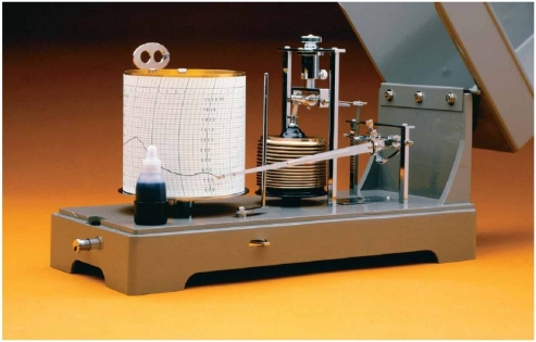 Examine the barograph shown in the photograph. Based on the data available there, would you expect rainy or clear weather to be more likely? Explain.