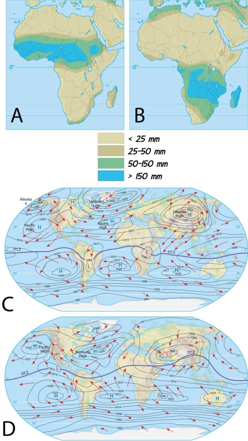 Examine the figure. Compare the precipitation maps in parts A and B with the atmospheric pressure patterns depicted in parts C and D. Does A or B match up with C? Which one matches with D? Explain.