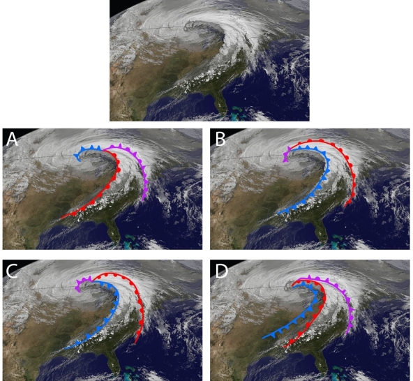 Examine the figure. Based on our best understand of mid-latitude cyclones, which of the four lettered interpretations best matches the weather patterns observed in the raw satellite image at top?