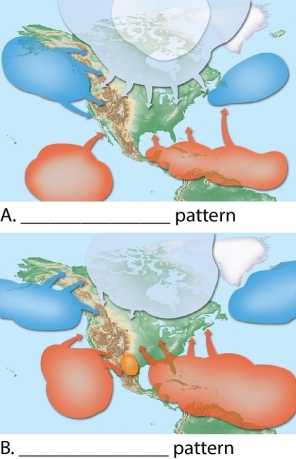 Identify and label each of the color-coded air masses in these two figures. Label figure A and B to state which season they depict.