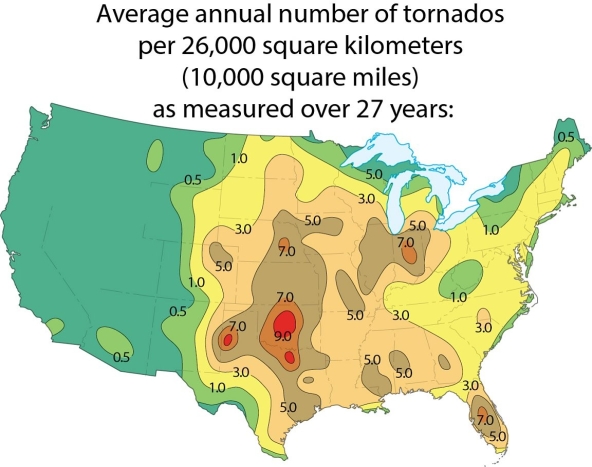 Examine the map showing tornado incidence in the 48 contiguous United States. Why are there so many tornados in the central mid-west?