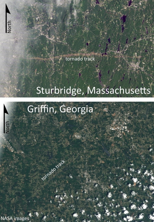 Which of the two tornado tracks shown in these satellite images is typical of the path taken by most tornados in the United States? Explain the normal pattern, and suggest a reason for the deviation seen in the other image.