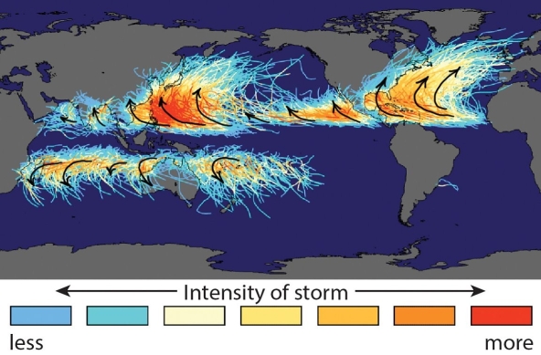 Examine the figure. What sort of storms does it depict? Interpret their distribution and path patterns as fully as possible.