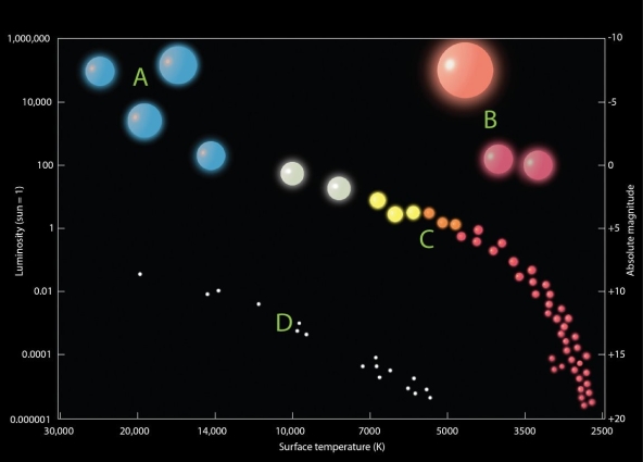 <strong> Examine the figure. Which of the four lettered locations on this graph is closest to the position that Earth's Sun will end up in at the end of its stellar life cycle?</strong> A)A B)B C)C D)D