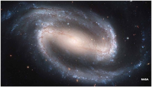 Examine the figure and then evaluate the following statement: Based on its shape, this is a barred spiral galaxy.