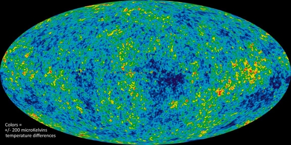 Nasa image This image is a map of the universe's microwave background radiation. It shows 13.77 billion year old temperature fluctuations from shortly after the big bang (shown as color differences)that correspond to the gravitational seeds that grew to become the galaxies. Why is this heterogeneity important?