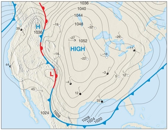 <strong> What term would a meteorologist give to the weather event represented on the map above?</strong> A)The Polar Express B)The Pineapple Express C)mP Express D)The Siberian Express