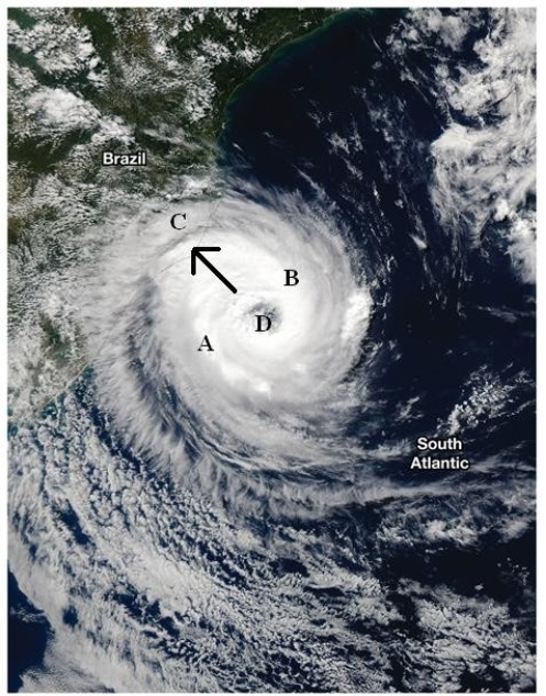 <strong> Carefully consider the photography of a hurricane in the South Atlantic shown above.Where would you expect to find the fastest winds?</strong> A)Letter A B)Letter B C)Letter C D)Letter D (central eye)