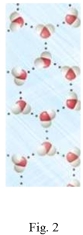 Study the figures to determine which is liquid water and which is frozen water (ice).Explain your answer and predict if the water in Figure 2 would float or sink in the water in Figure 1.