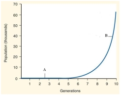 Tell what type of growth model is depicted in the graph and describe the factors that must be met for a population to experience this type of growth. Identify the labeled phases, A and B, and briefly explain what occurs during these phases.