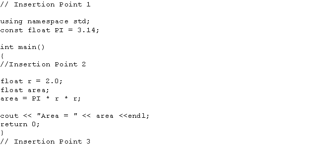 <strong>Consider the following code. In this code, where does the include statement belong? </strong> A) Insertion Point 1 B) Insertion Point 2 C) Insertion Point 3 D) Anywhere in the program