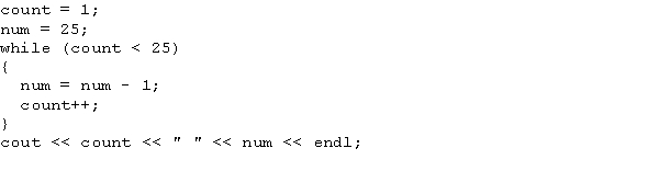 <strong>What is the output of the following C++ code? </strong> A) 24 0 B) 24 1 C) 25 0 D) 25 1