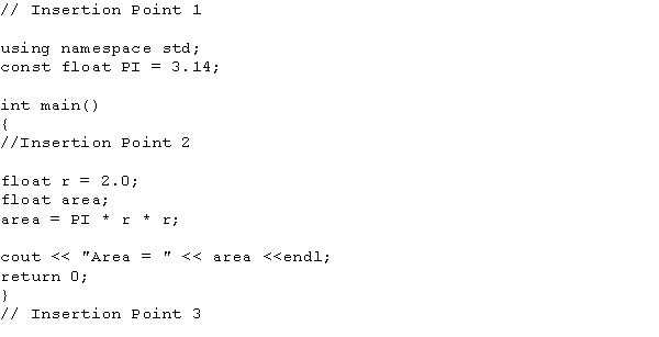<strong>Consider the following code. In this code, where does the include statement belong? </strong> A) Insertion Point 1 B) Insertion Point 2 C) Insertion Point 3 D) Anywhere in the program