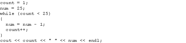 <strong>What is the output of the following C++ code? </strong> A) 24 0 B) 24 1 C) 25 0 D) 25 1