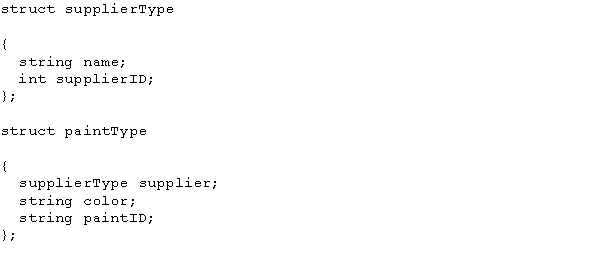 <strong>Consider the following statements: paintType paint; What is the data type of paint.supplier?</strong> A) string B) paintType C) supplierType D) struct