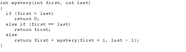 <strong>Consider the following definition of the recursive function mystery. What is the output of the following statement? Cout << mystery(6, 10) << endl; </strong> A) 13 B) 21 C) 40 D) 42