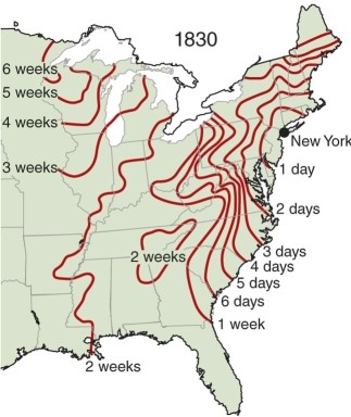The line maps of travel times across the U.S.during two time periods show that