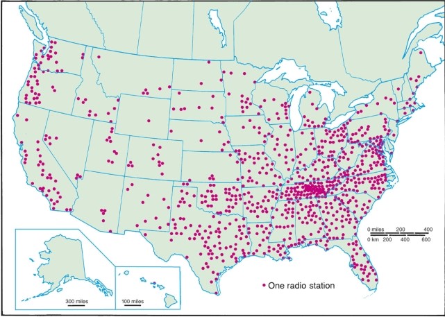 Though the map of country music stations shows patterns using dots for individual stations, one can surmise from this map that a country music region might be located mainly in