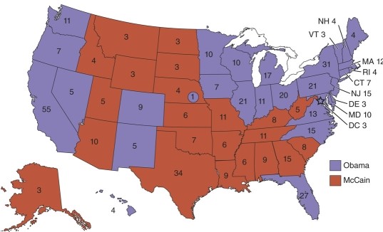 In the 2008 election map, coastal areas tend to  