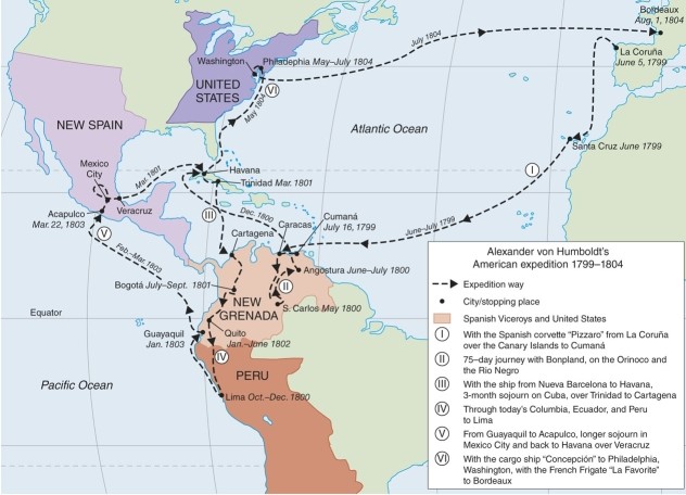 <strong>An analysis of the map of Alexander von Humboldt's travels shows </strong> A)Most of his journeys took place along the eastern Seaboard of the United States. B)He visited several volcanoes in northern Africa. C)His trips to Russia solidified his feelings about climate change. D)Most of his journeys were made to areas of Spanish colonial influence.