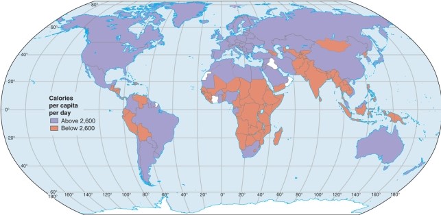<strong>According to the map of calories per capita per day shows that </strong> A)lower caloric intake in the Americas overall. B)higher caloric intake in Southern Asia overall. C)lower caloric intake in Europe and Russia overall. D)lower caloric intake in Africa and parts of Asia.