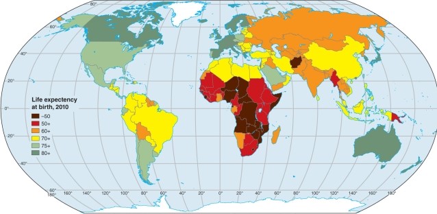 <strong>In the map of life expectancies, Japan exhibits  </strong> A)characteristics of a country with low expectancy. B)traits in common with Western Europe. C)a pattern that is not like that of the United States. D)traits in common with central Africa. <div style=padding-top: 35px> 