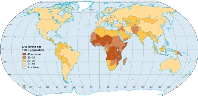 <strong>Within the crude birth rates map, the lowest rates are in  </strong> A)central Africa. B)central Europe. C)central America. D)central Asia. <div style=padding-top: 35px> 