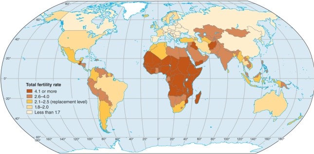 <strong>When one compares Africa and South America on the total fertility rate map, one comes to the conclusion that  </strong> A)Africa has the higher TFR overall. B)South America has the higher fertility overall. C)Both are about the same in total fertility. D)Neither has the highest TFR in terms of world regions. Scrambling: Locked <div style=padding-top: 35px> 