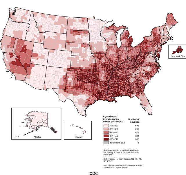 <strong>Based on the U.S.map of mortality rates for heart disease, one could say  </strong> A)that the rates are about the same all across the county. B)that the rates seem higher in coastal regions to the east and west. C)that the rates are higher in the deep south to southern Great Plains. D)that the rates are higher in dominantly Roman Catholic and Mormon areas. <div style=padding-top: 35px> 