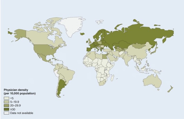 <strong>Which is true about the map of physicians per population? </strong> A)more physicians per population are found generally in Africa. B)there are less than 5 physicians per every 10,000 people in Africa. C)Europe and Russia do not have an abundance of physicians. D)South America is no better off than Africa in availability of physicians.