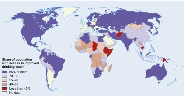 <strong>Evaluating the map of access to safe drinking water which is not true? </strong> A)The U.S., Russia, Australia, and Brazil have good access. B)Central Africa has poor access to quality water. C)Developed countries generally have poor access to good water. D)China's access to safe water is not as good as Russia's.