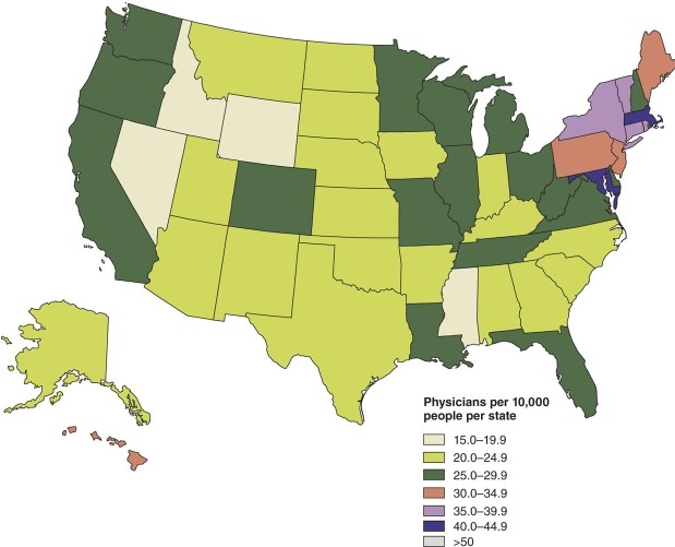 <strong>The map of density of physicians in the United States </strong> A)seems to match overall population density. B)is highest in the inter-mountain west. C)is very low in places like Maryland and Massachusetts. D)is about the same in Texas as it is in Vermont.