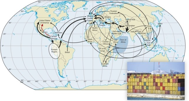 In the map and figures related to human trafficking we see that people are often moved internationally by what means?