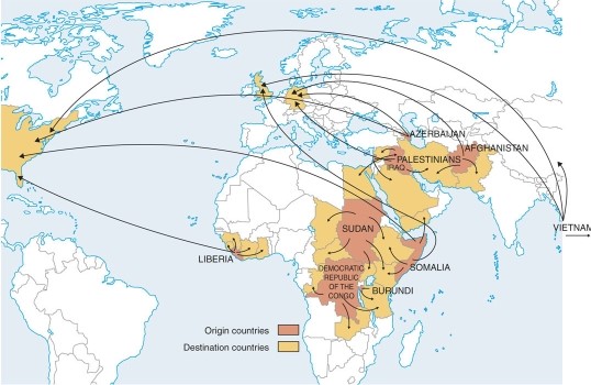 <strong>The map of major refugee movements shows main refugee problems in </strong> A)Bolivia and Paraguay in South America. B)Australia and New Zealand in Oceania. C)Mongolia and Russian in Siberia. D)Sudan and Democratic Republic of Congo in Africa.