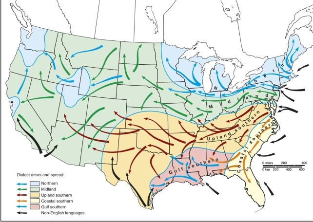<strong>The map of dialect migrations in the United States portrays </strong> A)one main large dialect region of English speech. B)two main large dialect regions of English with French mixed in. C)five main regions based on migration from eastern ports historically. D)eight very complex regions based on three main language families.