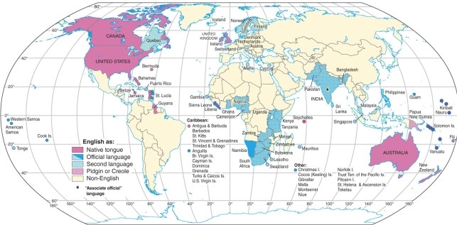<strong>According to the map of global English use, Quebec in Canada shows </strong> A)English as a native tongue. B)English as a not native. C)English as a second language. D)English as an official language.