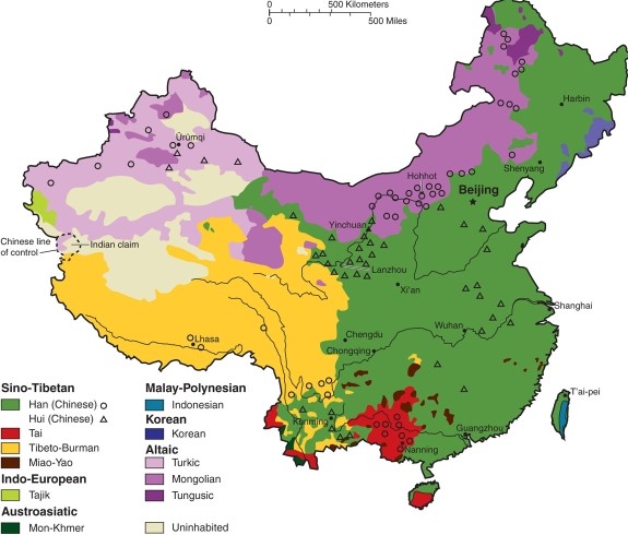 <strong>The map of ethnolinguistic regions of China </strong> A)is fairly uniform. B)is broadly diverse with some dominant regions. C)has no regional distinctions. D)has at least twenty different colored, shaded categories.